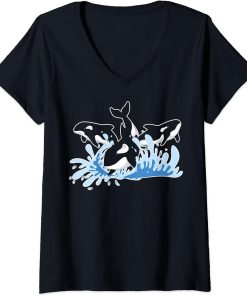 Womens Waves Aquarist Gift Ocean Animal Cute Orcas Sea Whale Orca V-Neck T-Shirt