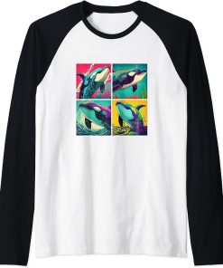 Orca Whale Pop Art Design Illustration Colorful Animal Women Raglan Baseball Tee