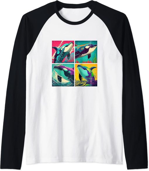 Orca Whale Pop Art Design Illustration Colorful Animal Women Raglan Baseball Tee