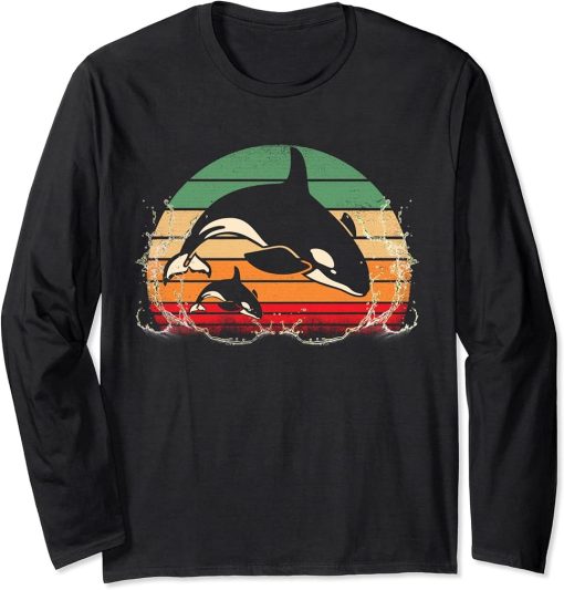 Orca Family Vintage Retro Art, Killer Whale Family Long Sleeve T-Shirt